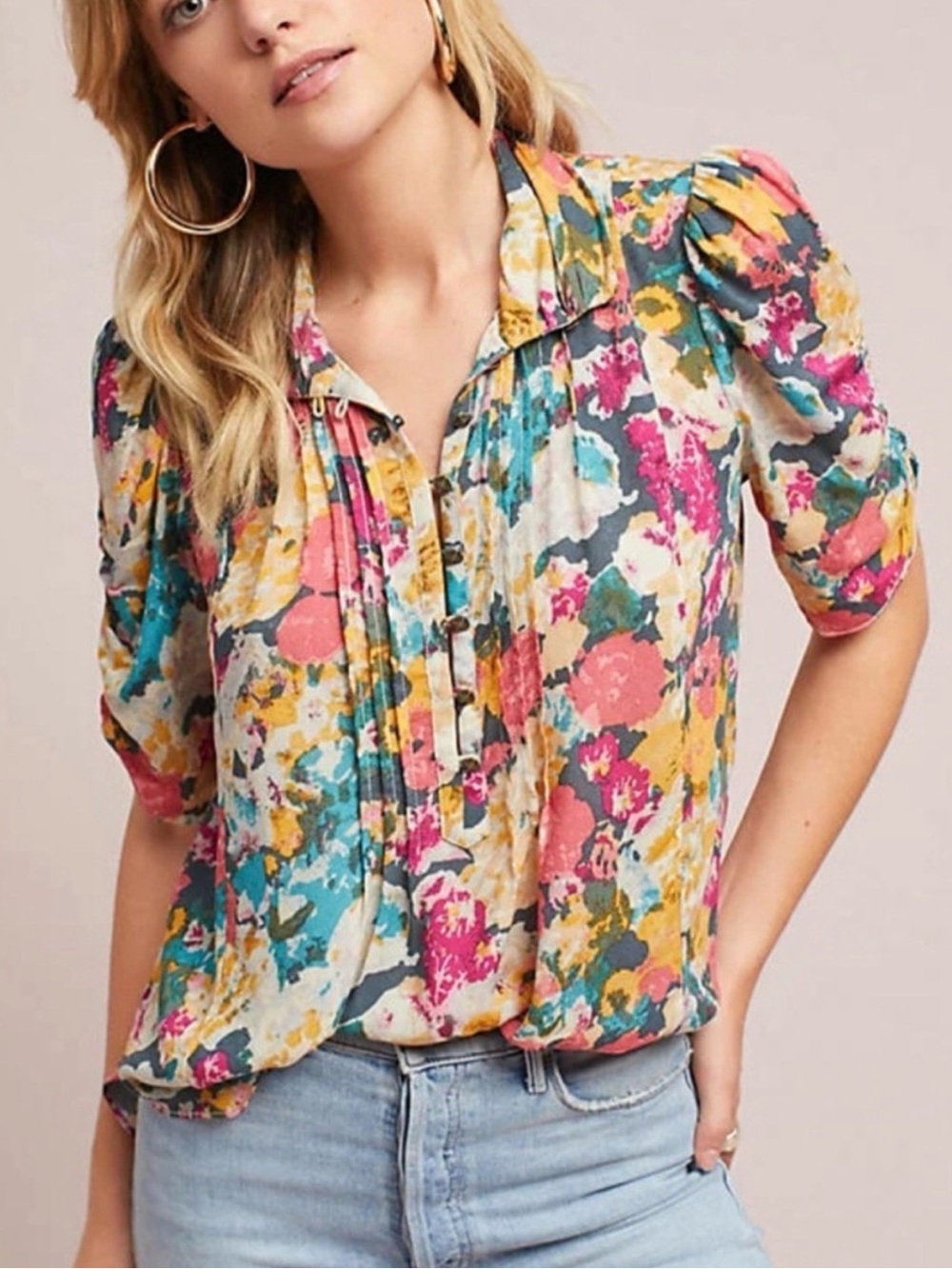 Maeve Multi-Color Floral Puff-Sleeve Blouse